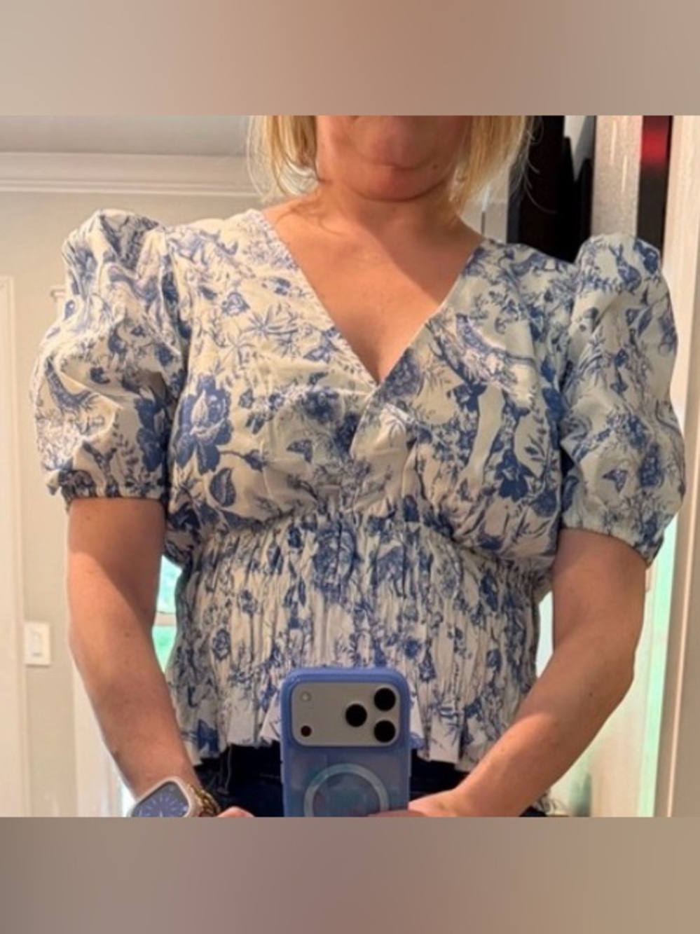 Ultramarine thru The Biz Blue and White Toile Top with smocking NWOT